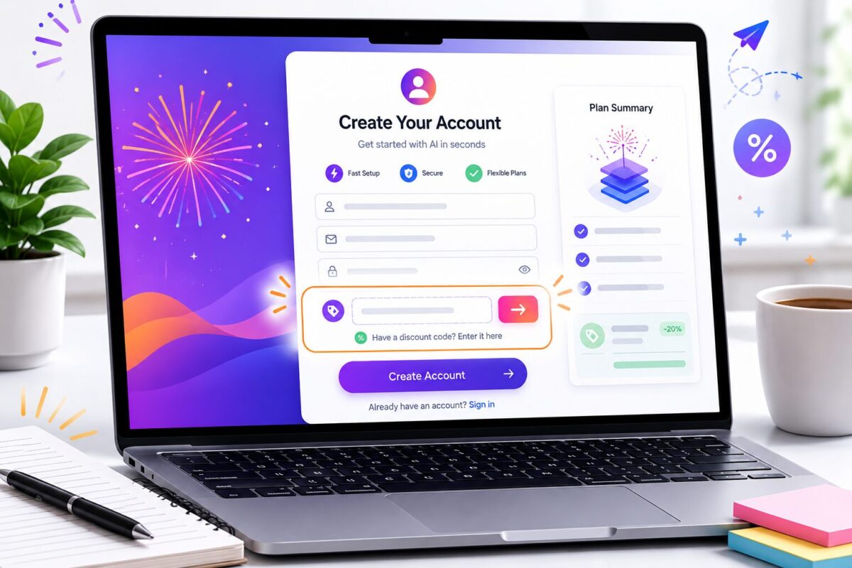 Laptop screen showing sign-up page with fireworks ai promo code field