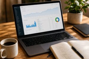 SEO professional reviewing backlink analysis data on laptop during research