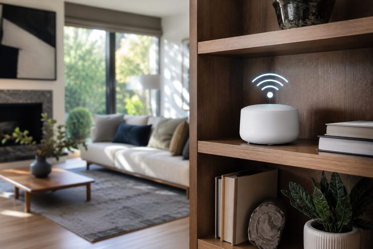 A mesh WiFi node placed on a bookshelf in a modern living room setting