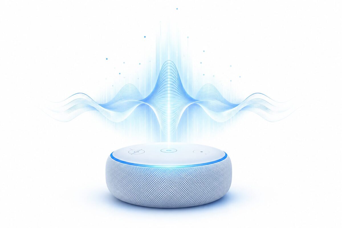 A smart device glowing with sound waves representing a Hey, artificial intelligence, wake command.