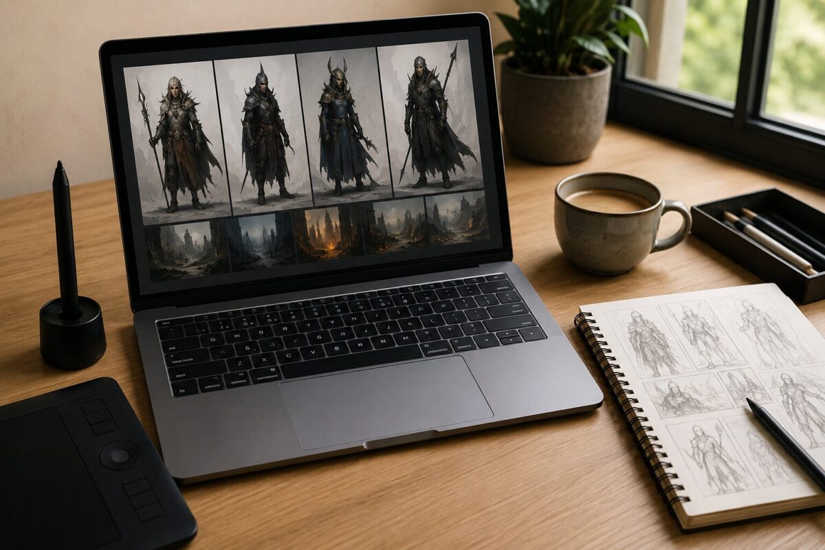 AI image generator comparison showing concept art creation workflow on a laptop