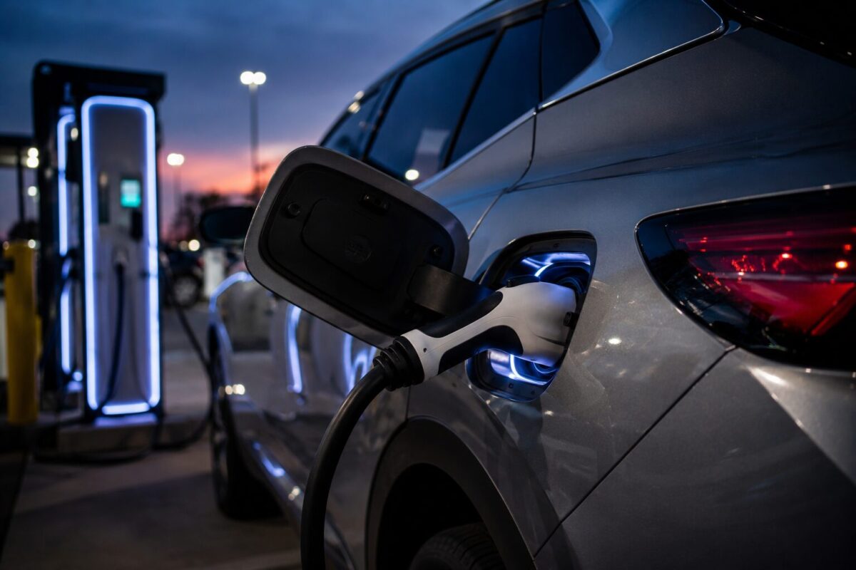 Chevy electric car charging cable connected at public station overnight