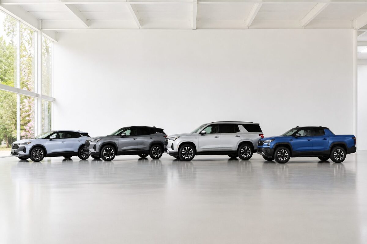 Chevy electric car lineup showing SUV, truck, and hatchback sizes together