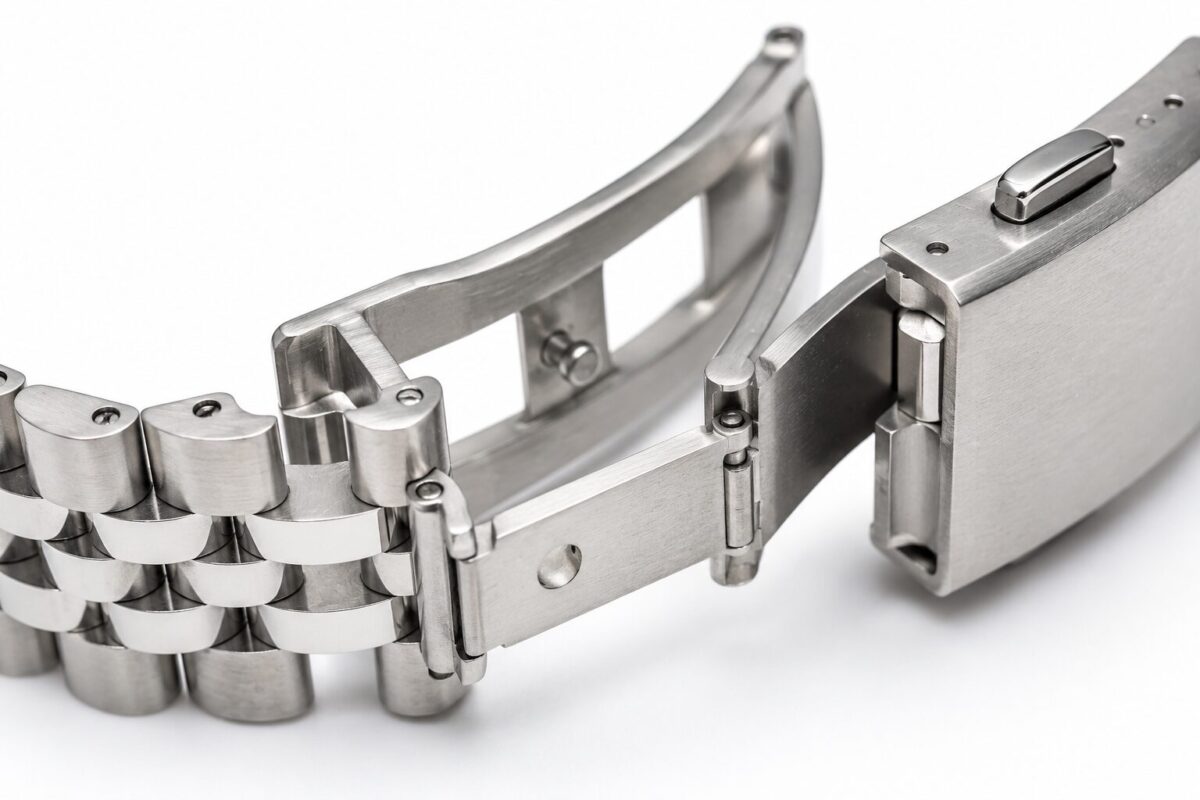 Close-up of a stainless steel watch bracelet clasp mechanism