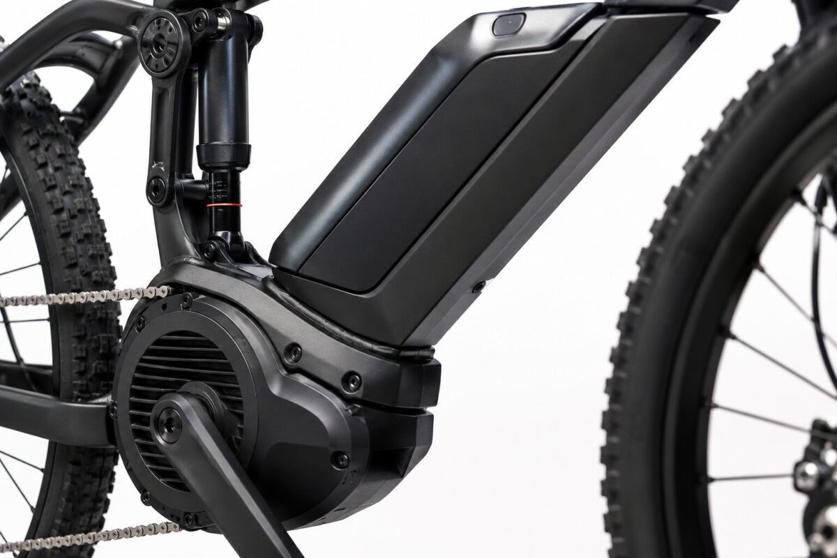 Close-up of eBike Mercedes Benz mid-drive motor and battery integration