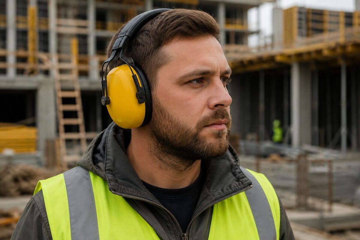 Construction worker wearing reusable over-ear hearing protection earmuffs