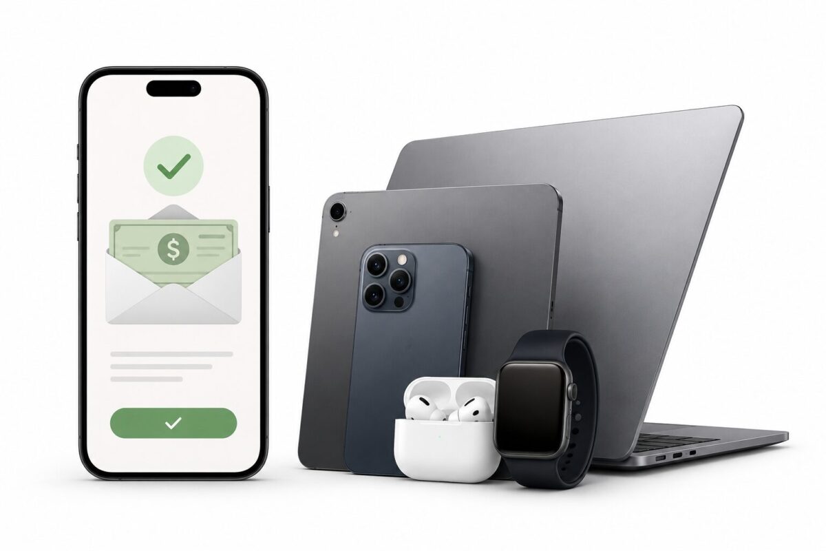 Devices next to a settlement payment notification on a phone