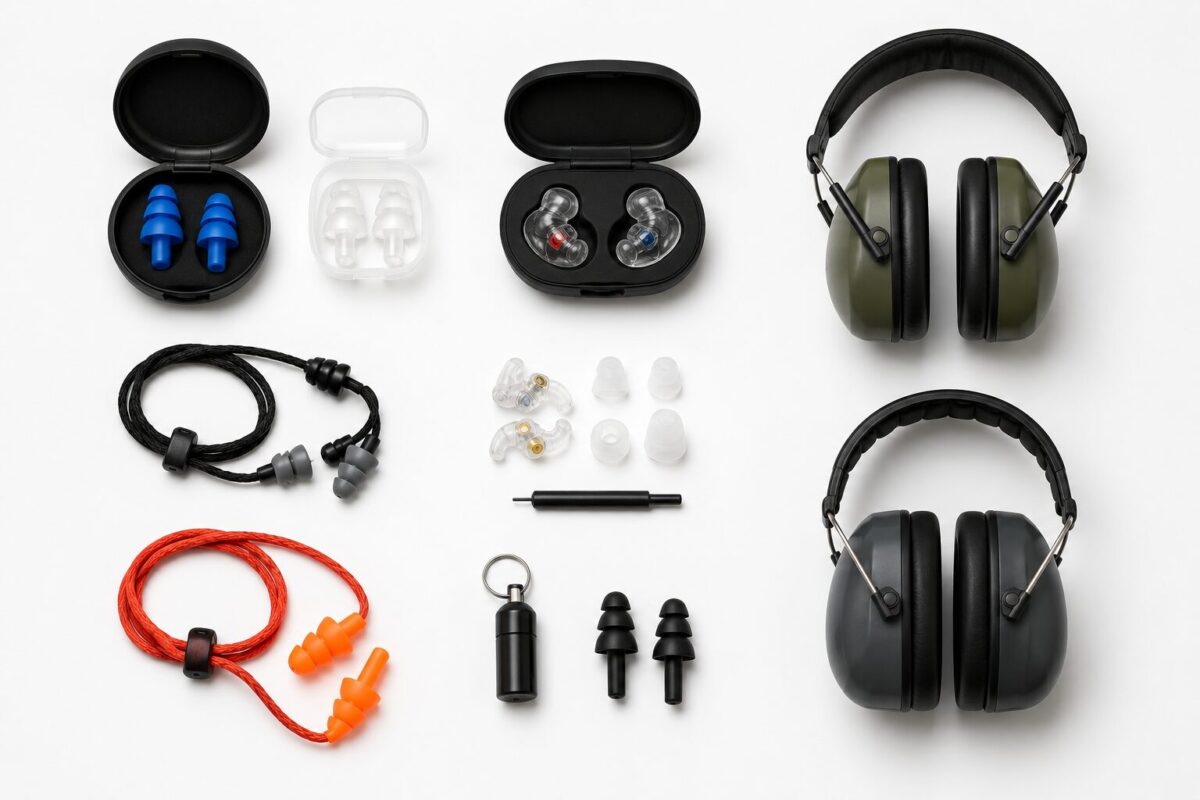 Different types of reusable hearing protection arranged on white background