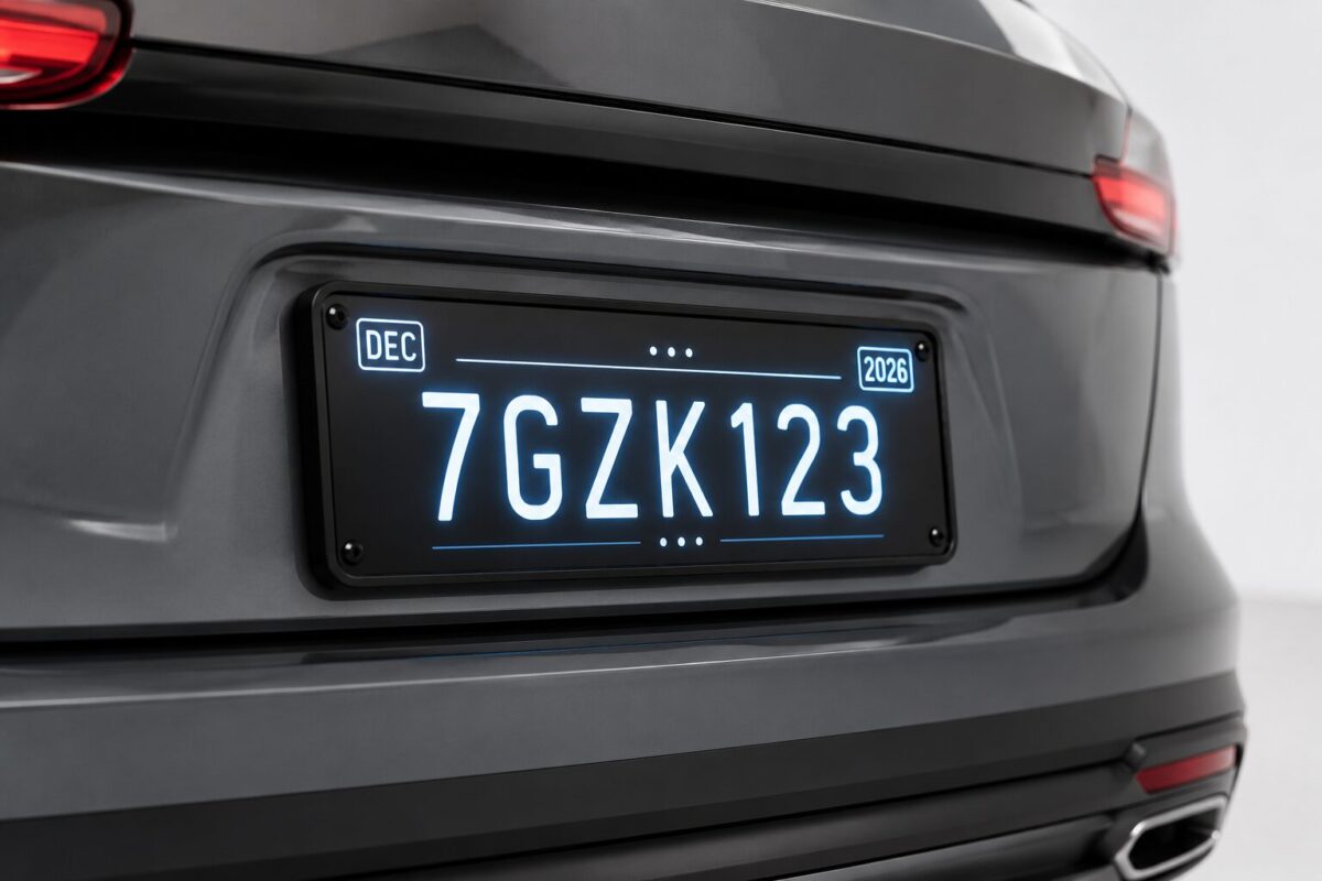 Digital license plate mounted on a car showing glowing registration display