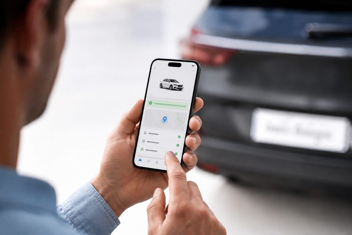 Driver checking digital license plate status through a smartphone app