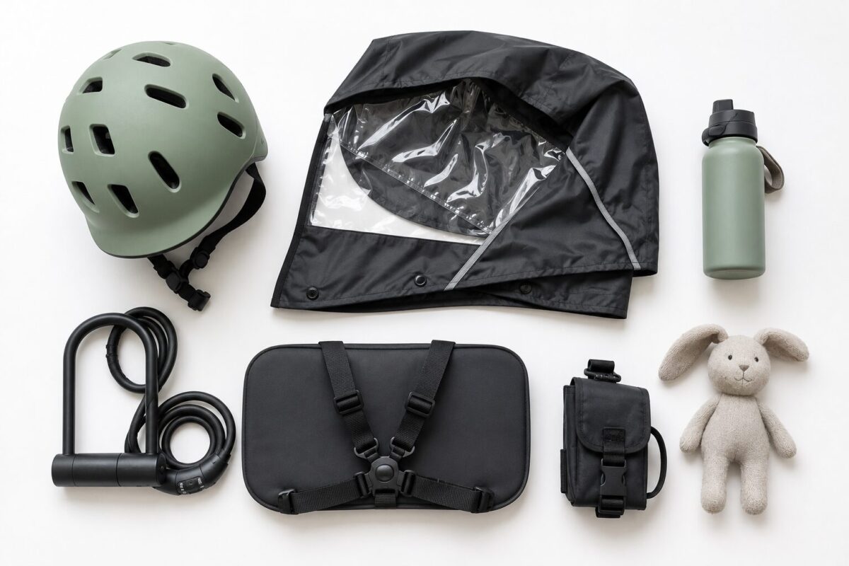 Family cargo bike accessories including helmet and rain canopy