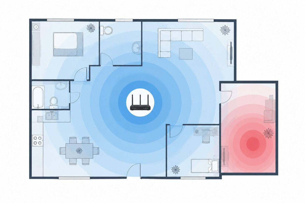 Floor plan diagram showing Wi-Fi signal strength zones and a dead zone