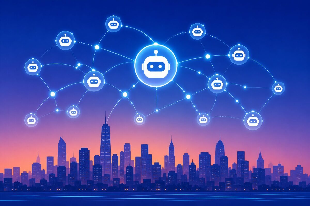 Glowing network of connected AI agent nodes above a skyline