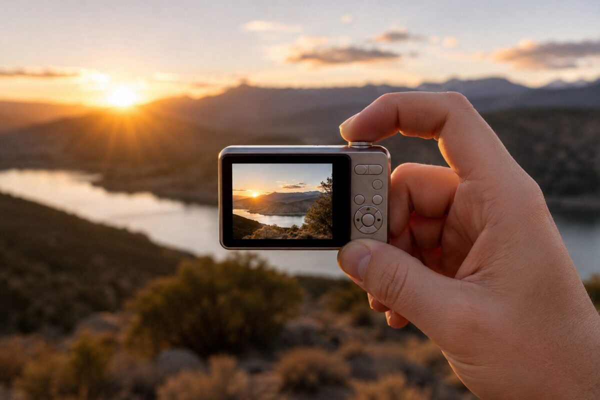 Hand holding mini digital camera while photographing outdoor scenery