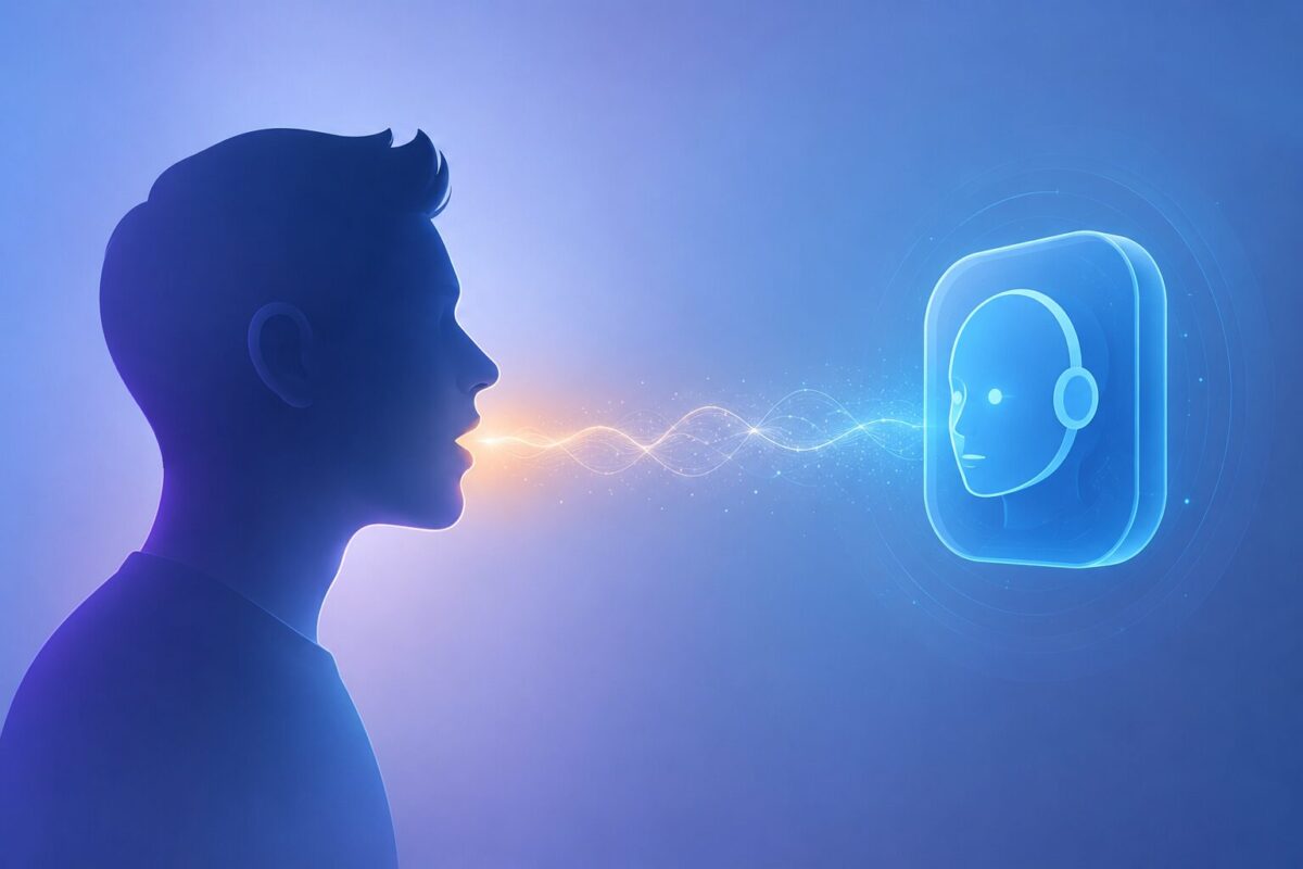 Illustration of a person speaking a Hey, artificial intelligence. style trigger phrase