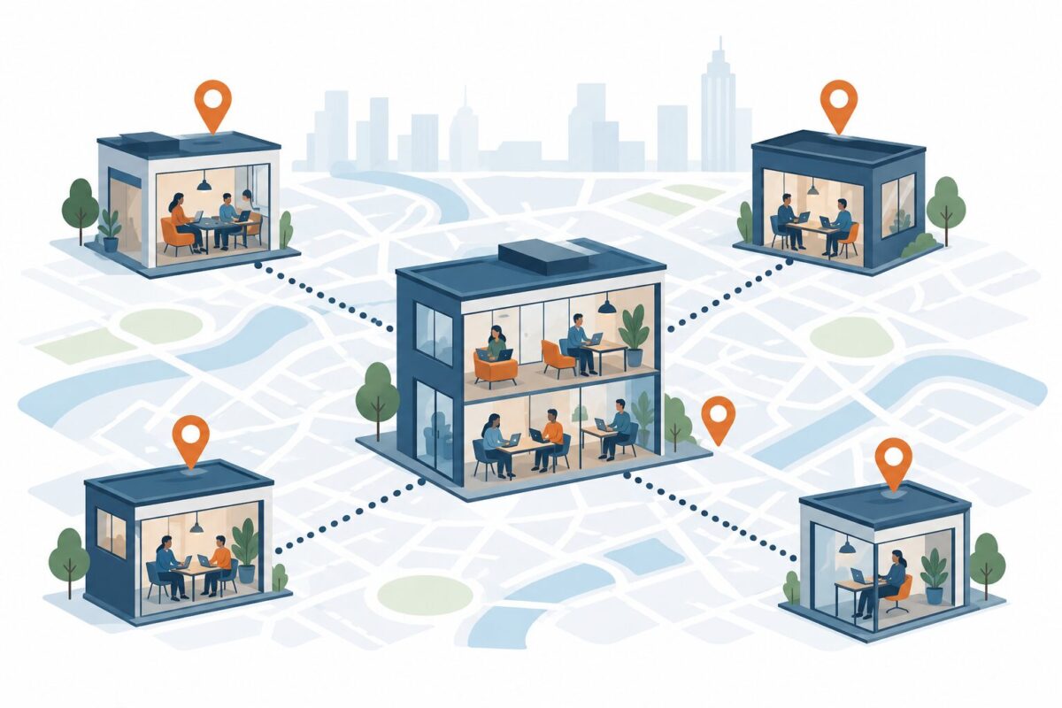 Illustration of connected coworking locations tied to distributed team news
