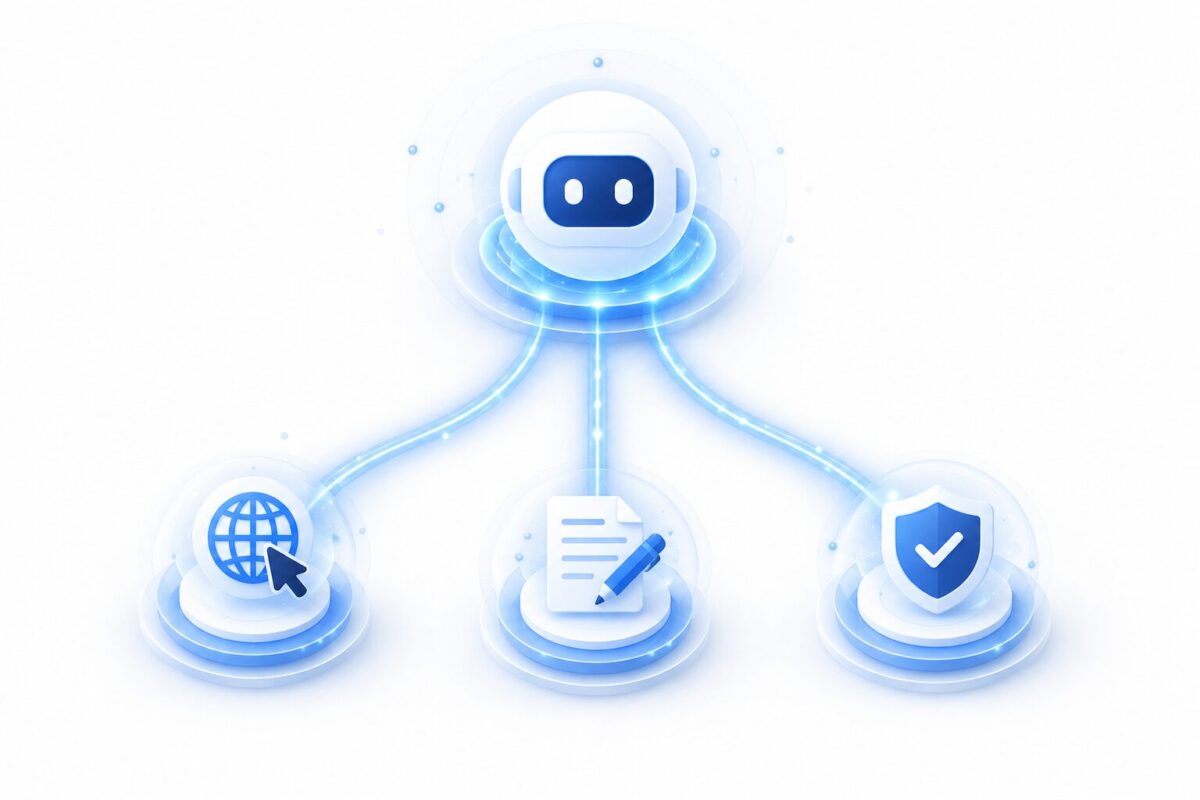 Illustration showing Manus AI's orchestrator directing specialized sub-agents