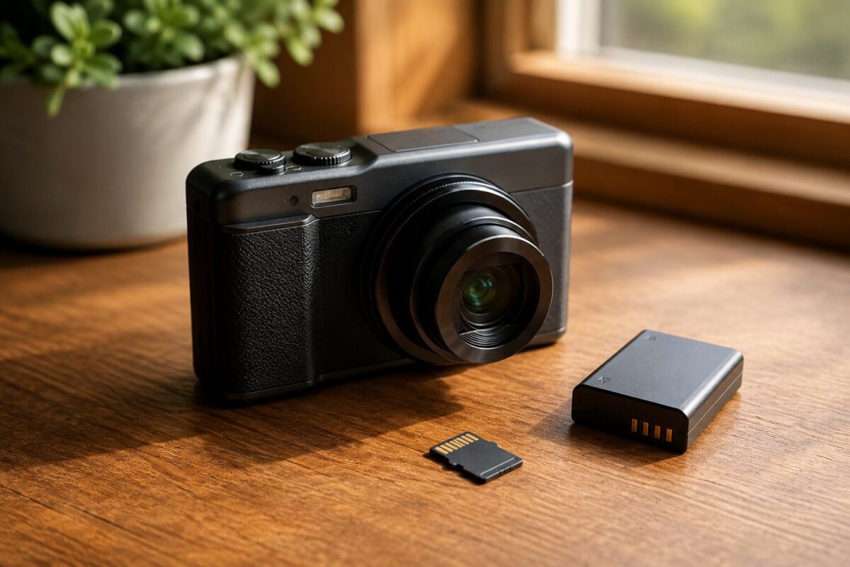 Mini digital camera shown with spare battery and memory card accessories