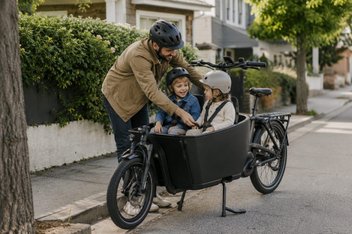 Parent loading two kids into a front cargo box bike