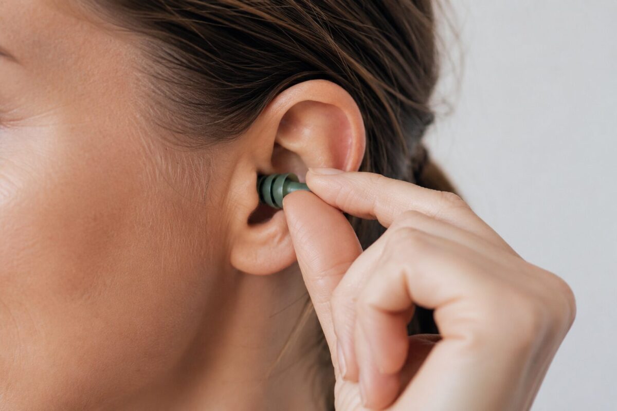 Person correctly inserting a reusable earplug for a proper seal