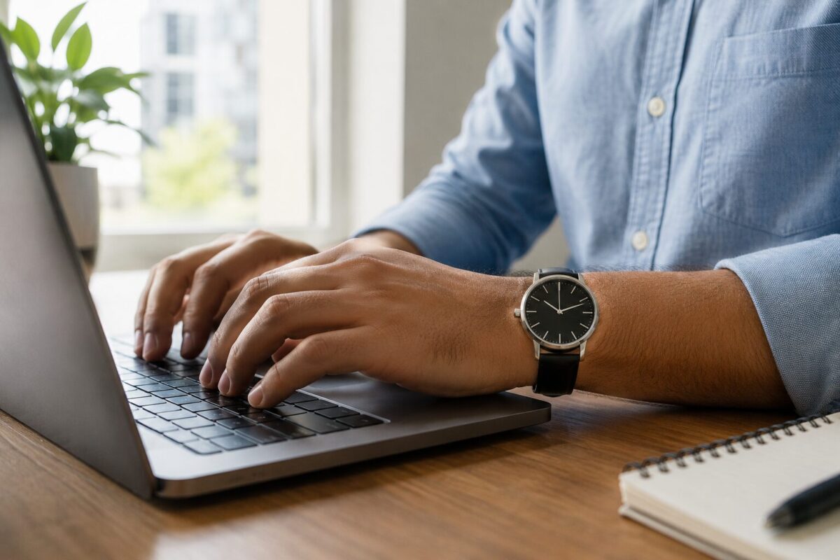 Person wearing an analog watch while working at a laptop