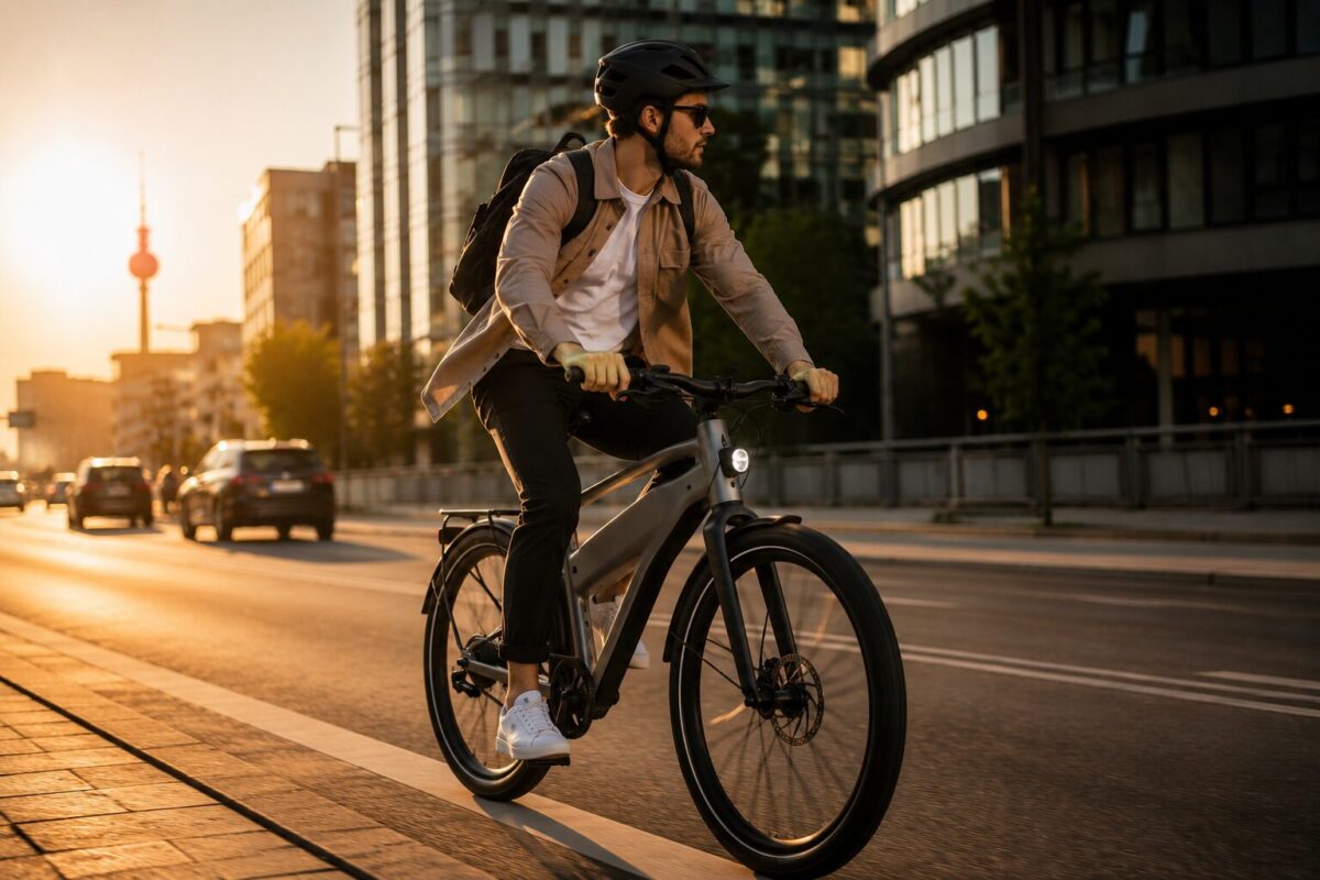 Rider commuting on an eBike Mercedes Benz model through city streets