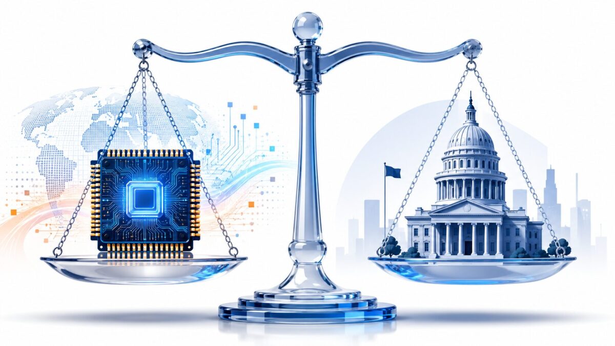 Scale balancing a computer chip against a government building silhouette