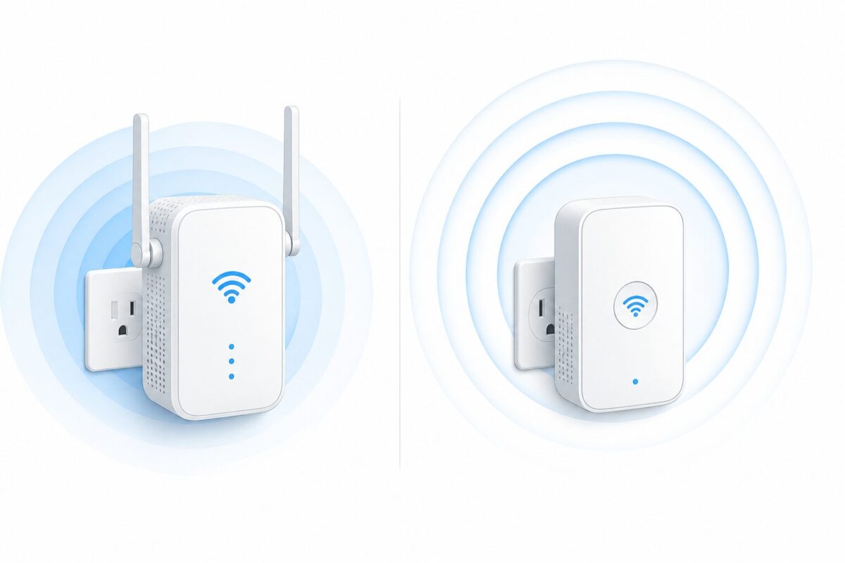 Side-by-side illustration comparing WiFi extenders vs booster devices with signal waves