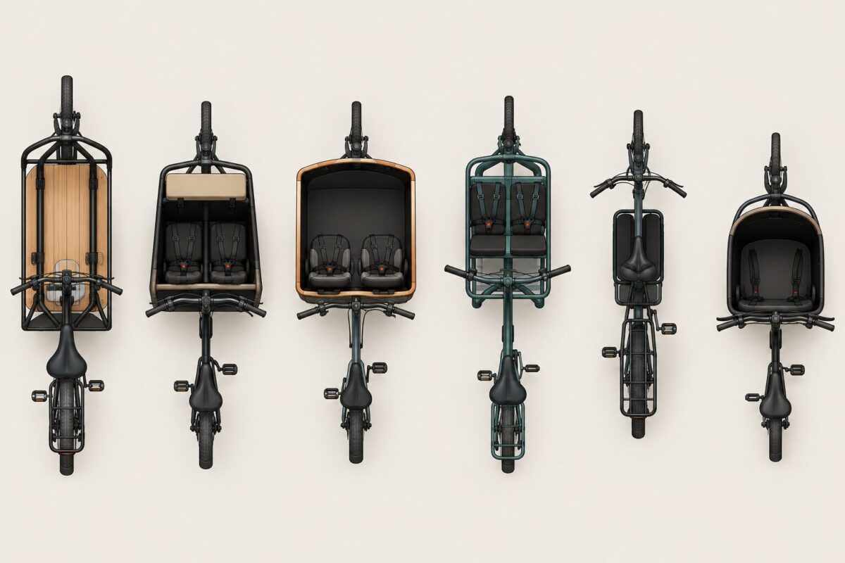 Six cargo bike styles for families with kids shown side by side