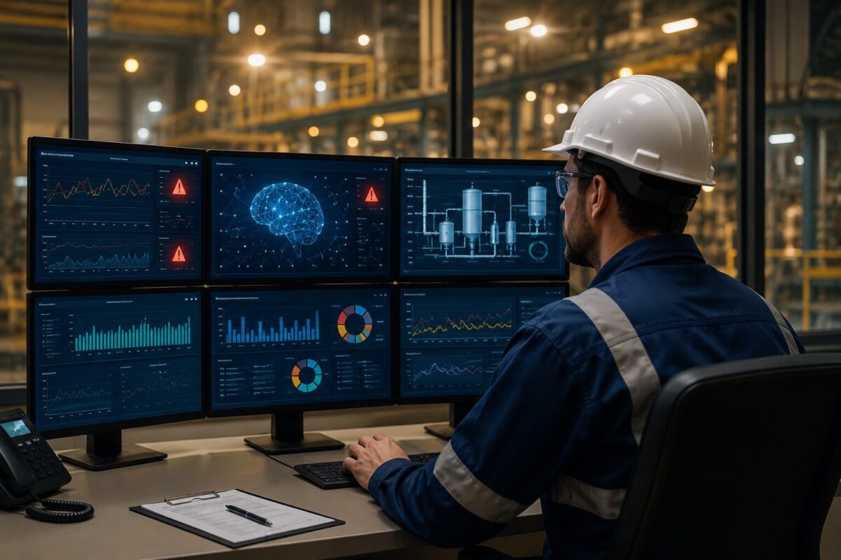Technician reviewing an AI agent monitoring dashboard in a control room