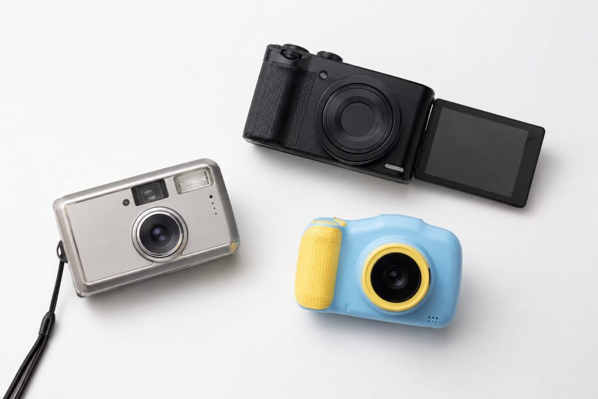 Three mini digital camera styles laid out, showing design variety