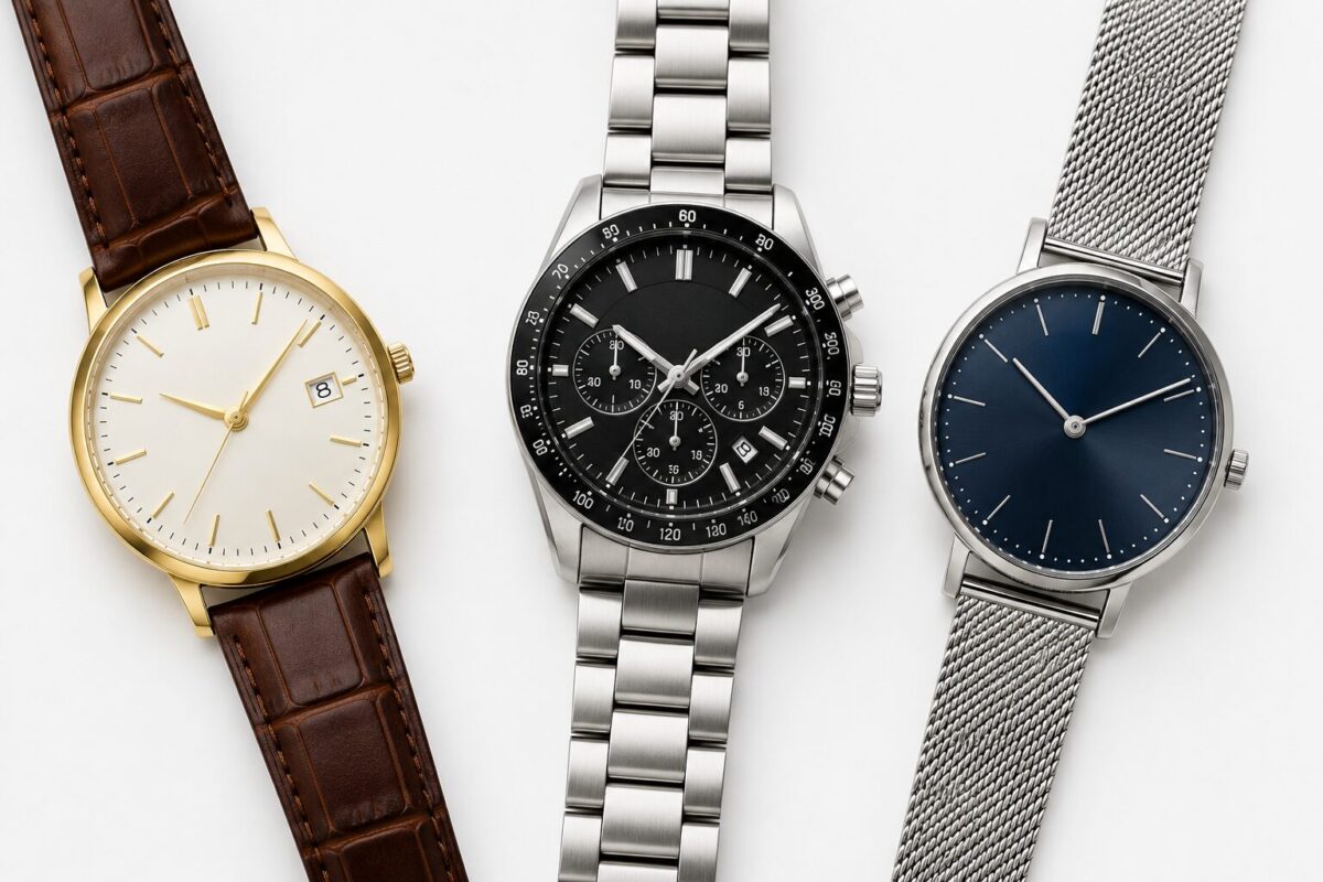 Three pulsar watches in different styles arranged on white background